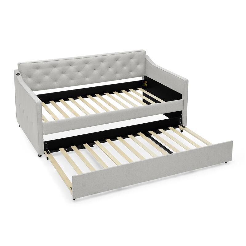 Twin Upholstered Daybed with Pop-Up Trundle & USB Charging Ports