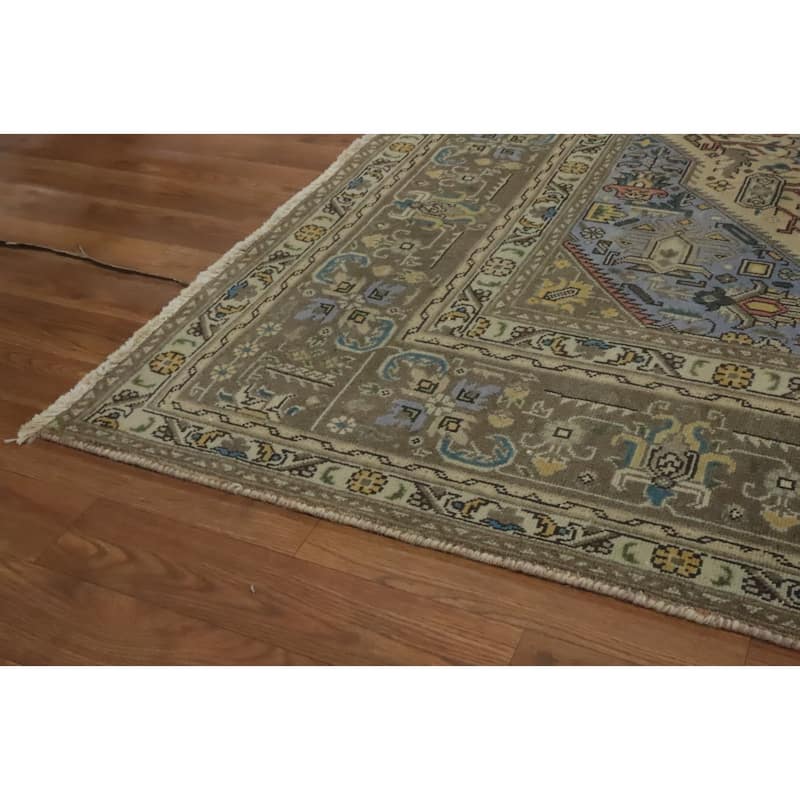 Hand Knotted Oriental 100% Wool Carpet Traditional Medallion Beige & Ivories Tabriz Area Rug - 9' 5'' X 6' 5''