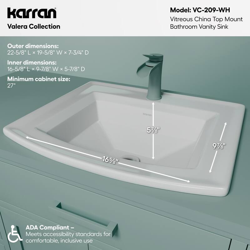 Karran Valera 23" Curved Rectangular Top Mount Vitreous China Bathroom Sink in White