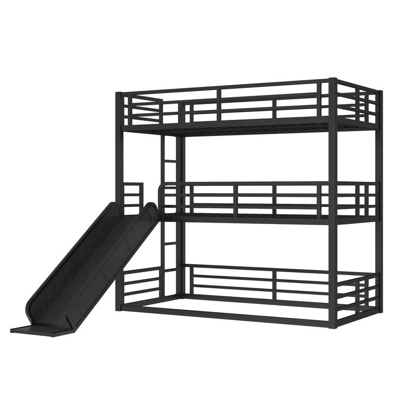 Roomfitters Twin/Full/Queen Metal Triple Bunk Bed with Slide, Safety Guardrails, Heavy-Duty Noise-Reduced Frame, Black