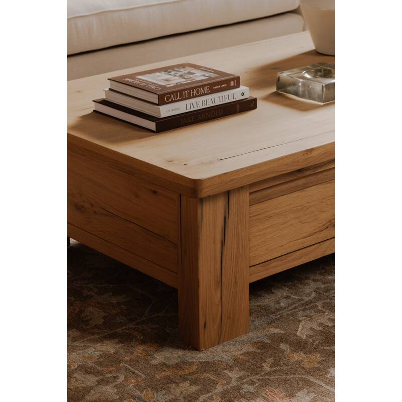 NADAAL STUDIOS Mareth Coffee Table, Rectangular Rustic Oak Top with Rounded Edge, Solid Oak Legs Dual-Sided Drawers, Natural