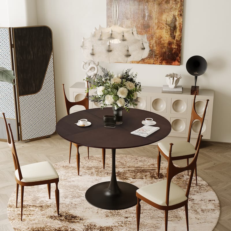 Solid Wood Veneer Table Top with Metal Base Dining Table