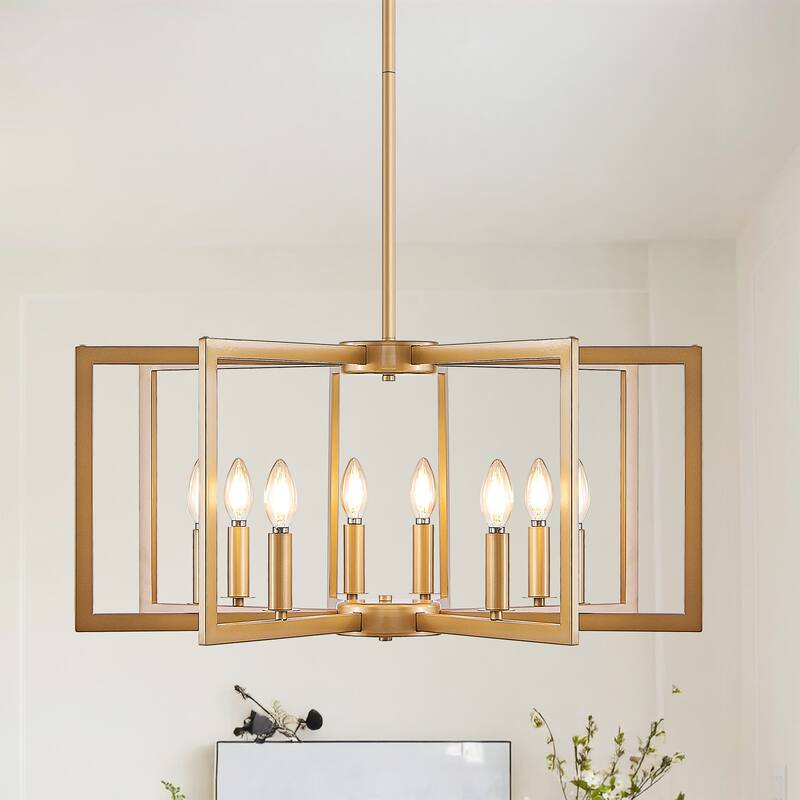 27" Modern Geometric 8-Light Chandelier - Industrial Metal Pendant Light Fixture for Living Room (Bulb Not Included) - Gold