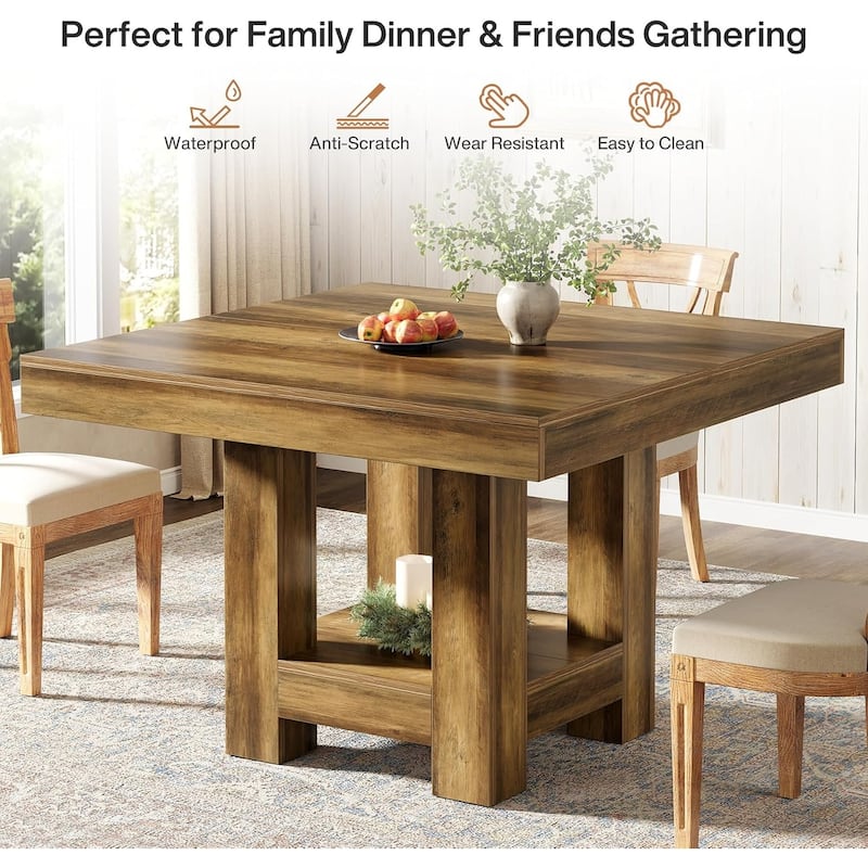 Square Dining Table for 2-4, 39-inch Farmhouse Small Kitchen Dinner Table with Storage Shelf