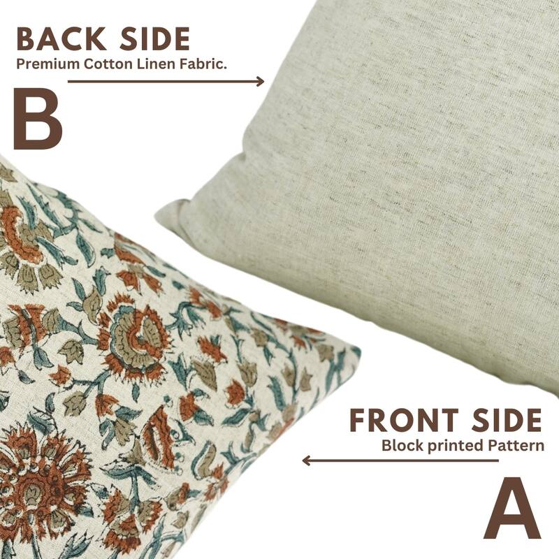 Fabdivine Handmade Dark Blue Block Print Cushion Cover Floral Linen for Living Room Sofa Chair Hotel, Home Decoration, Gopi