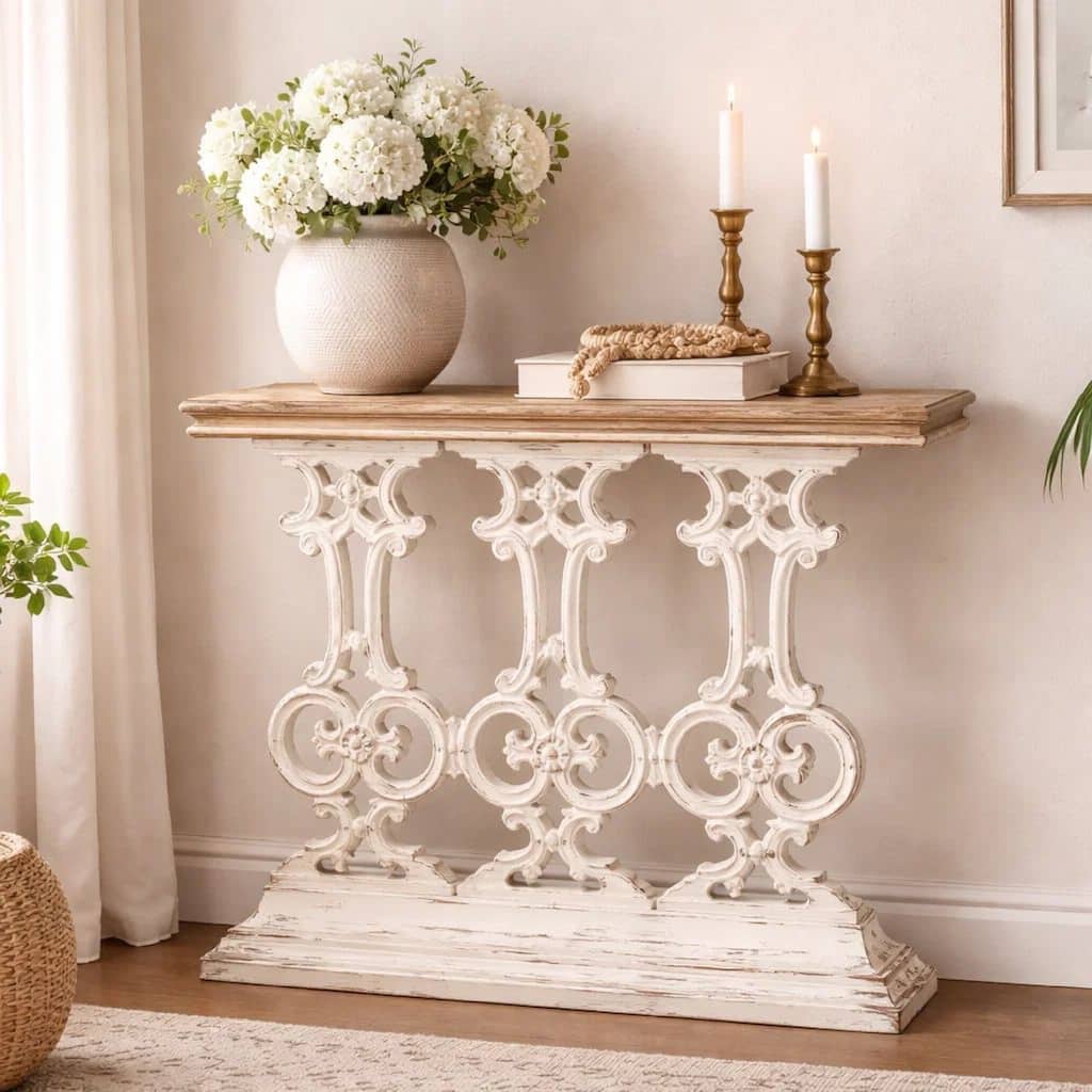32 Inch Console Table, Fir Wood, Traditional, Scrollwork, Antique White