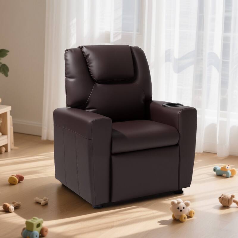Kids Recliner Chair with Adjustable Backrest, Cup Holders and Leather Surface - 22.4 x 20.3 x 25.8 in