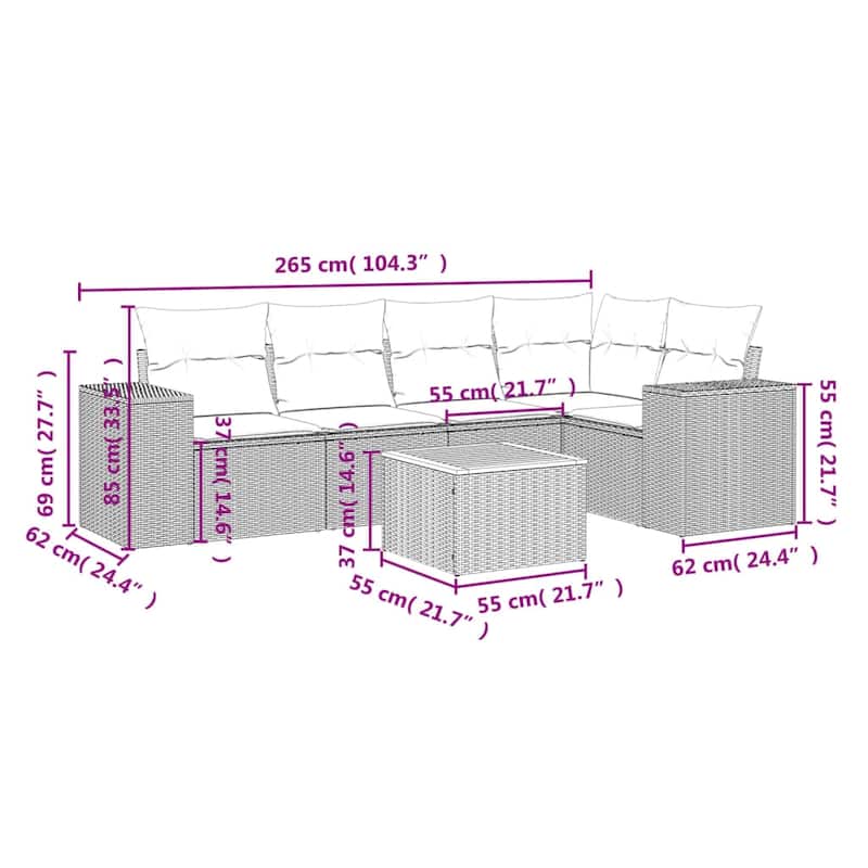 vidaXL Patio Sofa Set with Cushions Outdoor Furniture 6 Piece Poly Rattan - 21.7 x 21.7 x 14.6