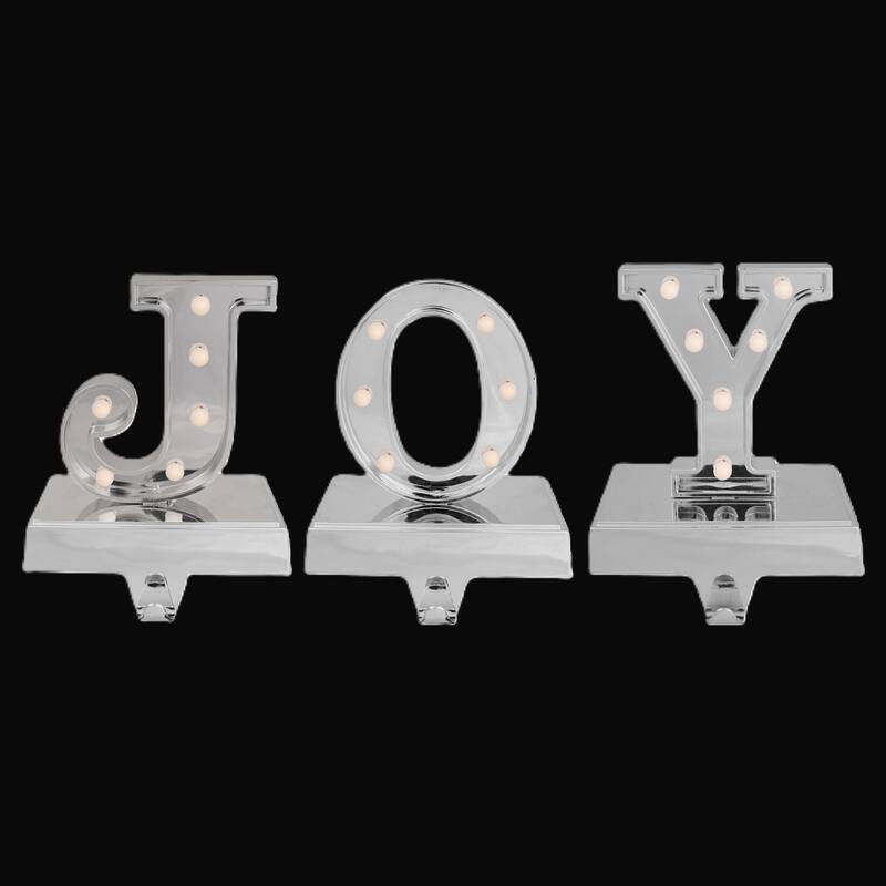 LED Lighted "JOY" Christmas Stocking Holder - 6.5" - Silver Finish - Set of 3