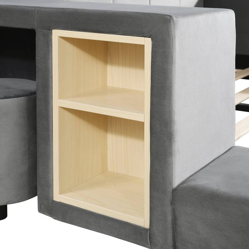 Mother & Child Bed Frame, Velvet Upholstered Grounded Bed, Bedside Desk and Little Round Stool,Wood Low Profile Bed Platform Bed