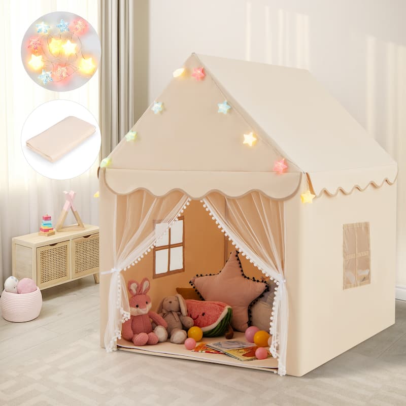 Gymax Kids Playhouse Tent Large Castle Fairy Tent w/ Star Lights Mat