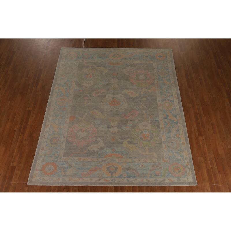 Hand Knotted Oriental 100% Wool Carpet Transitional All-Over Greys & Charcoal Oushak Area Rug - 9' 5'' X 7' 9''