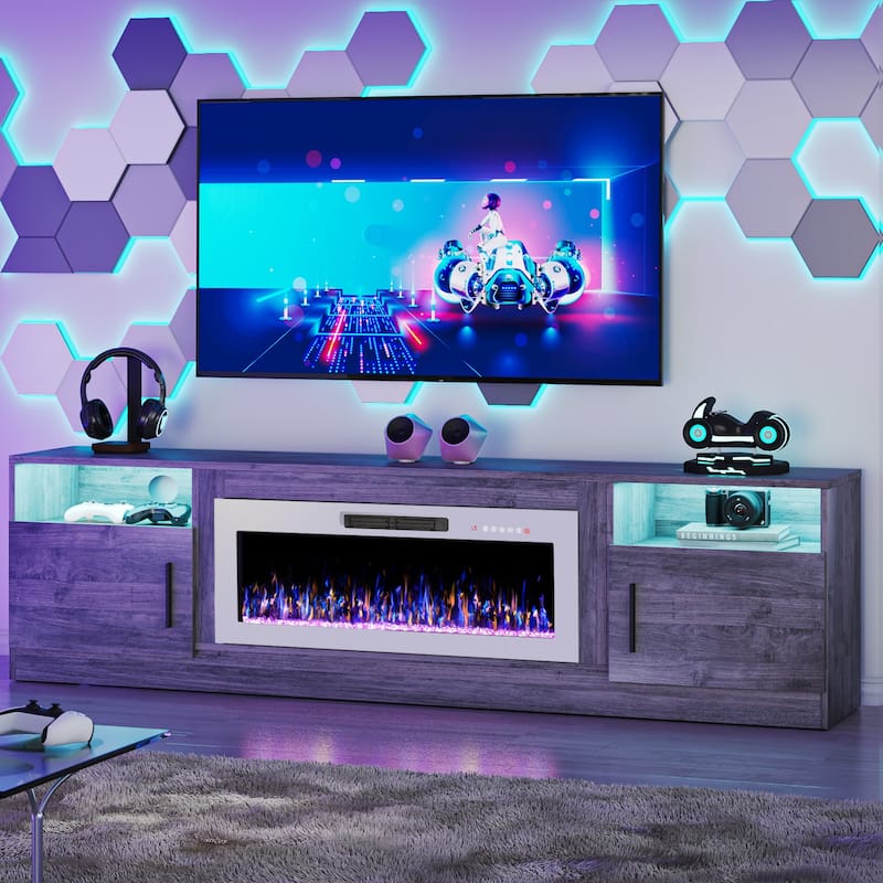 Bossin 80" Fireplace TV Stand with 36" Electric Fireplace, TV Stand for TVs Up to 90", 16 Colors LED Lights/Entertainment Center - Grey-White