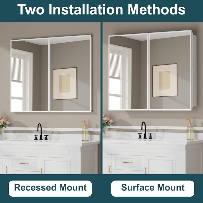 Elise Iron Medicine Cabinet with Mirror, Adjustable Shelves, Recessed or Wall Mount