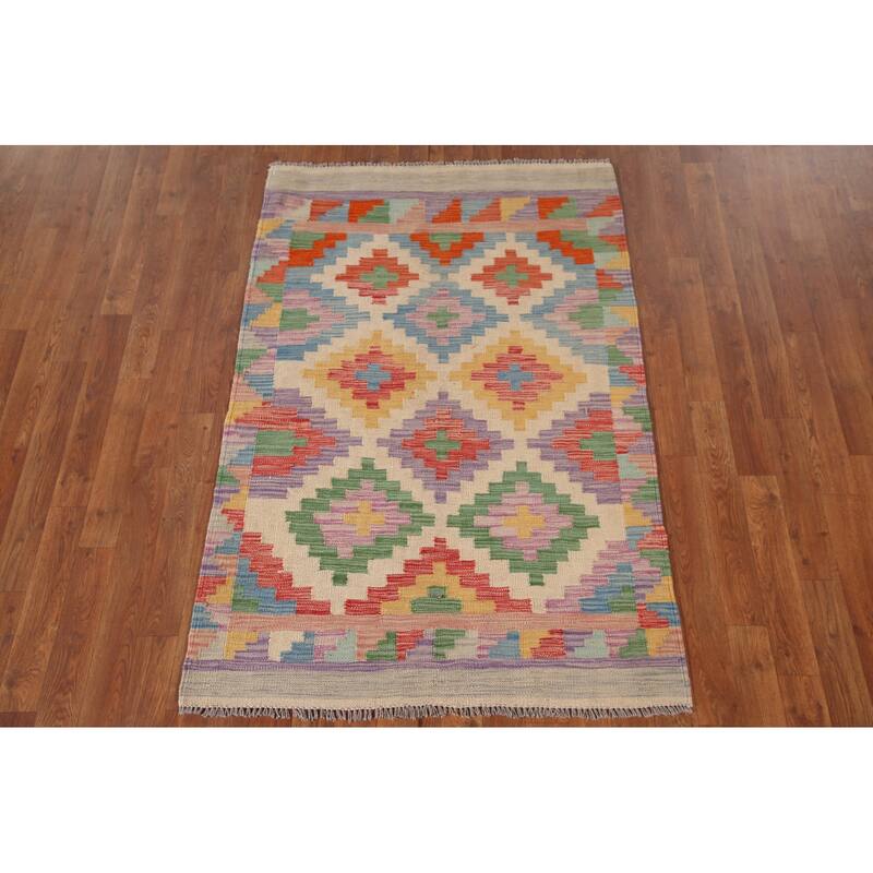 Reversible Kilim Rug Hand-Woven Multi-Color Foyer Wool Carpet - 3'3"x 5'0"