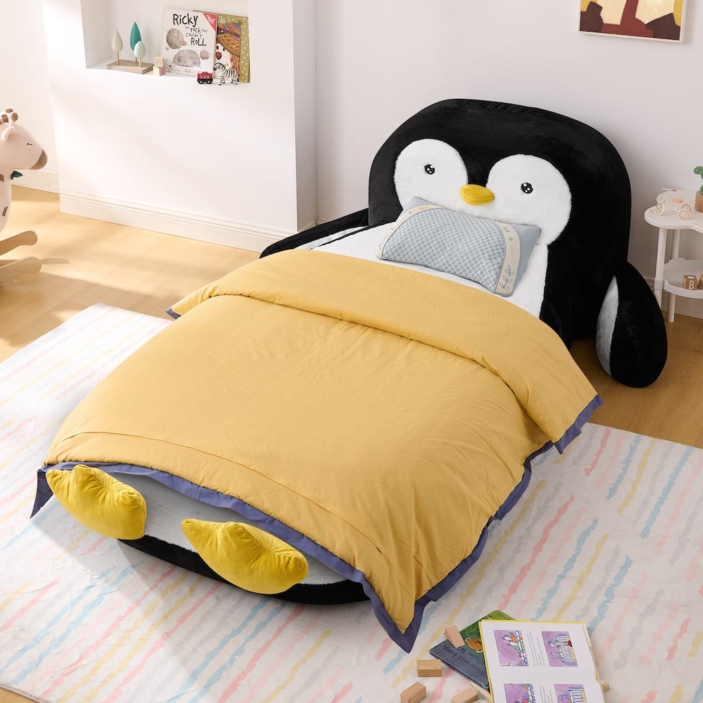 Twin Size Fluffy Faux Fur Penguin Shaped Kids Floor Bed Lounger with Soft Sponge Filling for Playroom