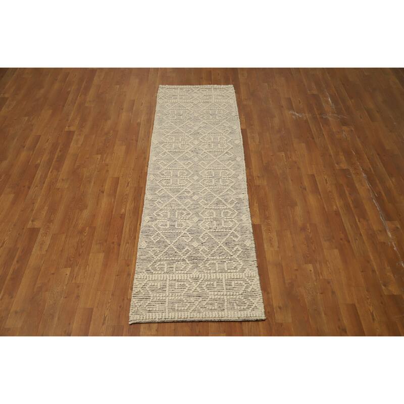 Hand Knotted Oriental 100% Wool Carpet Modern Geometric Beige & Ivories Modern Gotti Design Runner Rug - 7' 5'' X 2' 2''