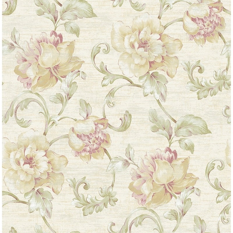 Seabrook Design Rhea Floral Scroll Unpasted Wallpaper - 20.5 in W x 33 ft. L - Metallic Cream & Mauve