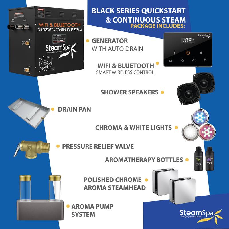 Black Series 12kw Steam Bath Generator with Wireless Remote, Bluetooth, WIFI, and Dual Aroma Pump - 12 KW