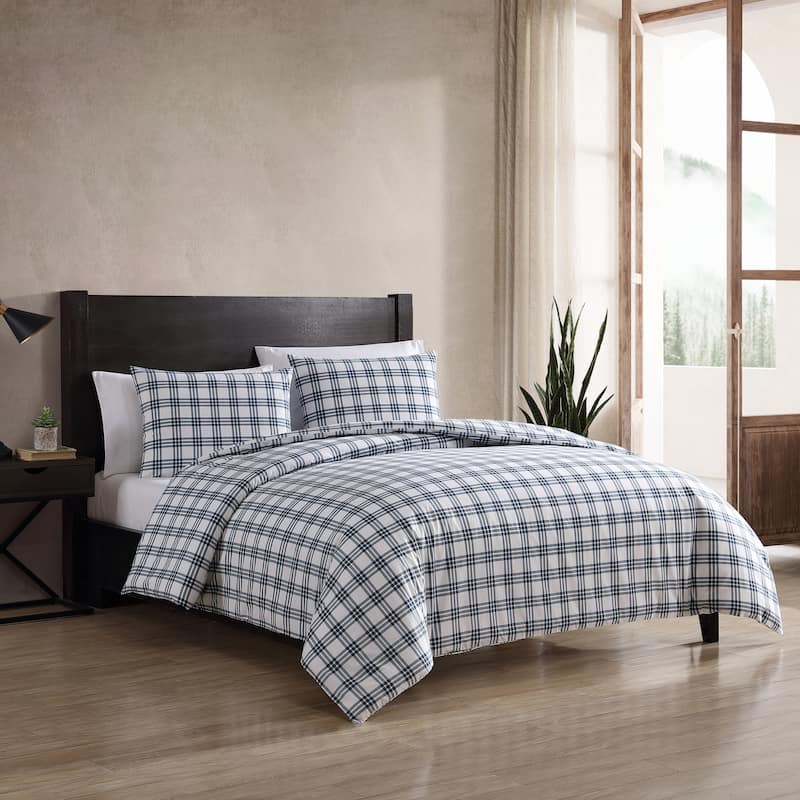 Eddie Bauer Basic Plaid Navy Cotton Percale Duvet Cover Set