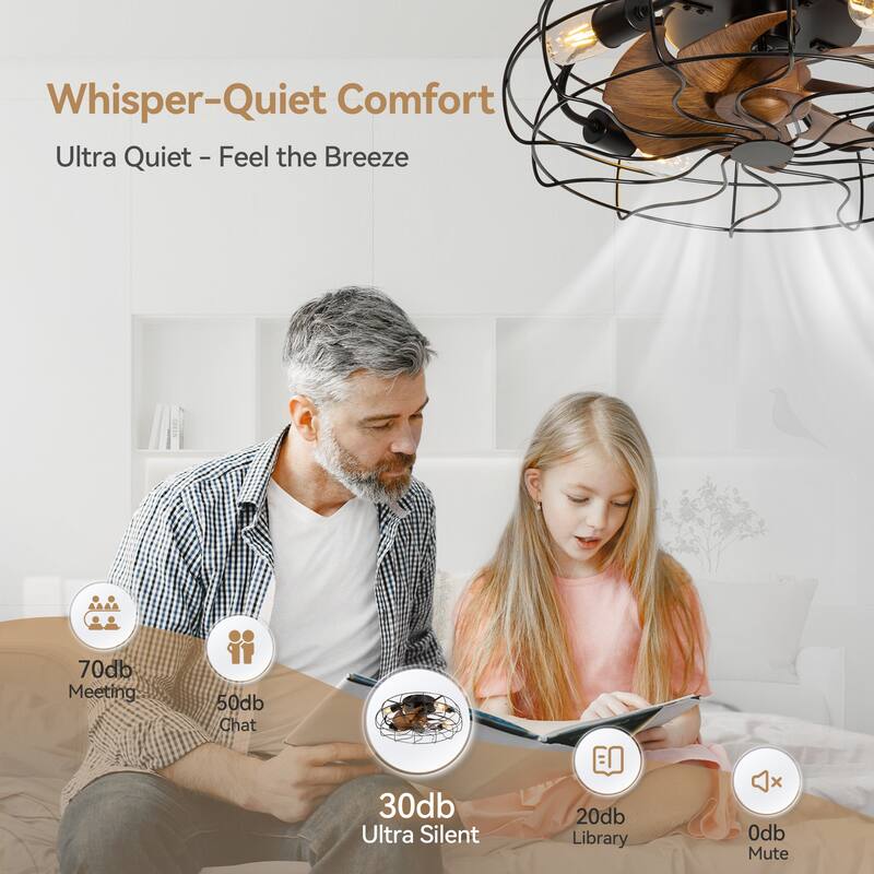 19 Inch 7-Blade Enclosed Indoor Flush Mount Caged Ceiling Fan with Light and Remote