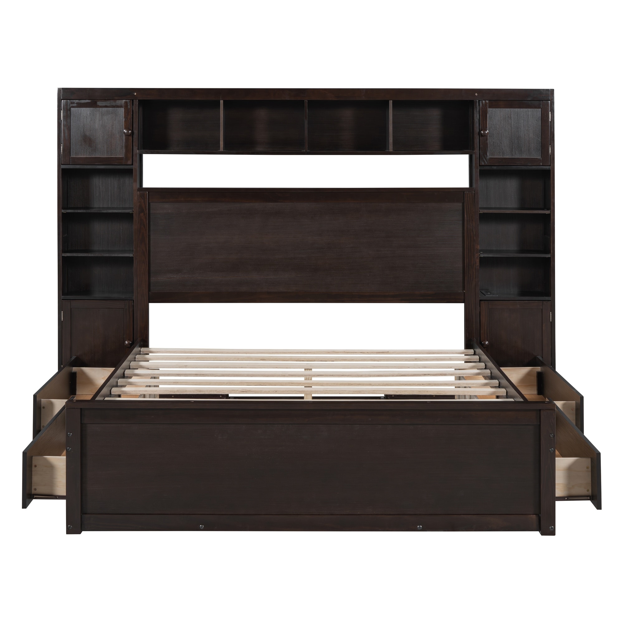 Espresso Platform Bed Queen Size with Storage Headboard and Sockets, Multi-Functional Bedframe w/Drawers for Bedroom,Dorm,Guest
