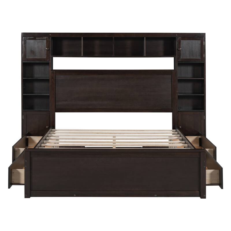 Queen Size Wooden Bed with All-in-One Cabinet, Shelf and Sockets, White