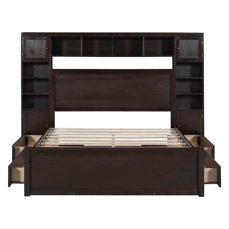 Queen Size Wooden Platform Bed with Built-in Cabinets, Shelves, and Outlets, Espresso Finish