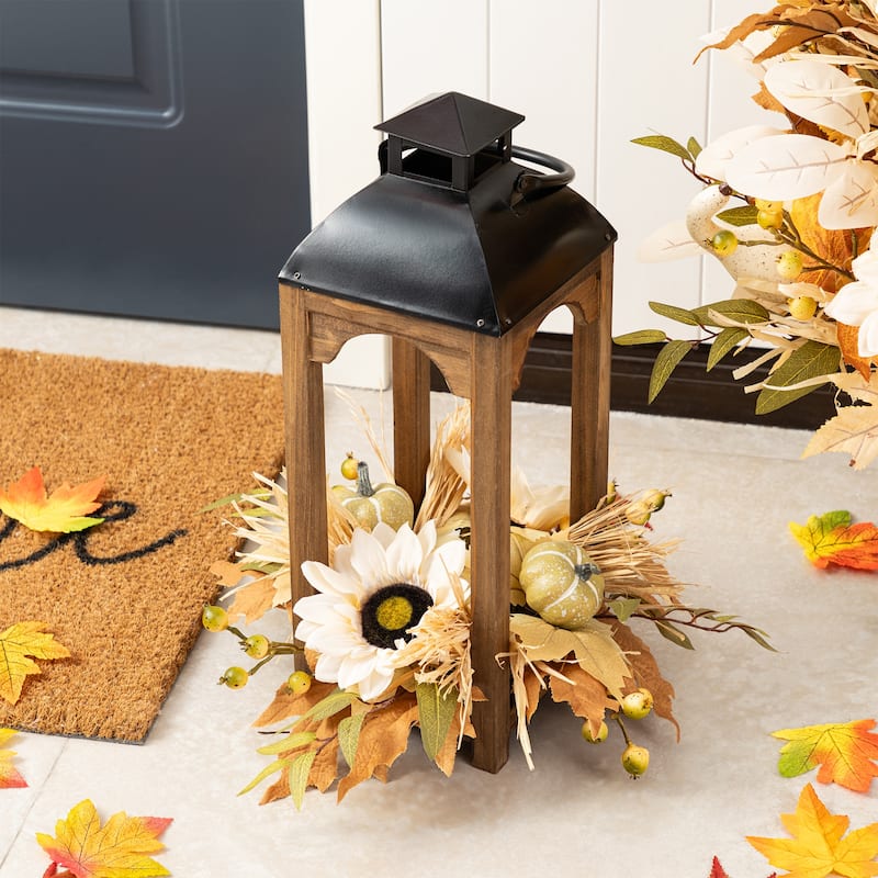 Glitzhome 20"H Fall Pumpkin Sunflower Pine Cone Wooden Hanging Lantern Table Centerpiece