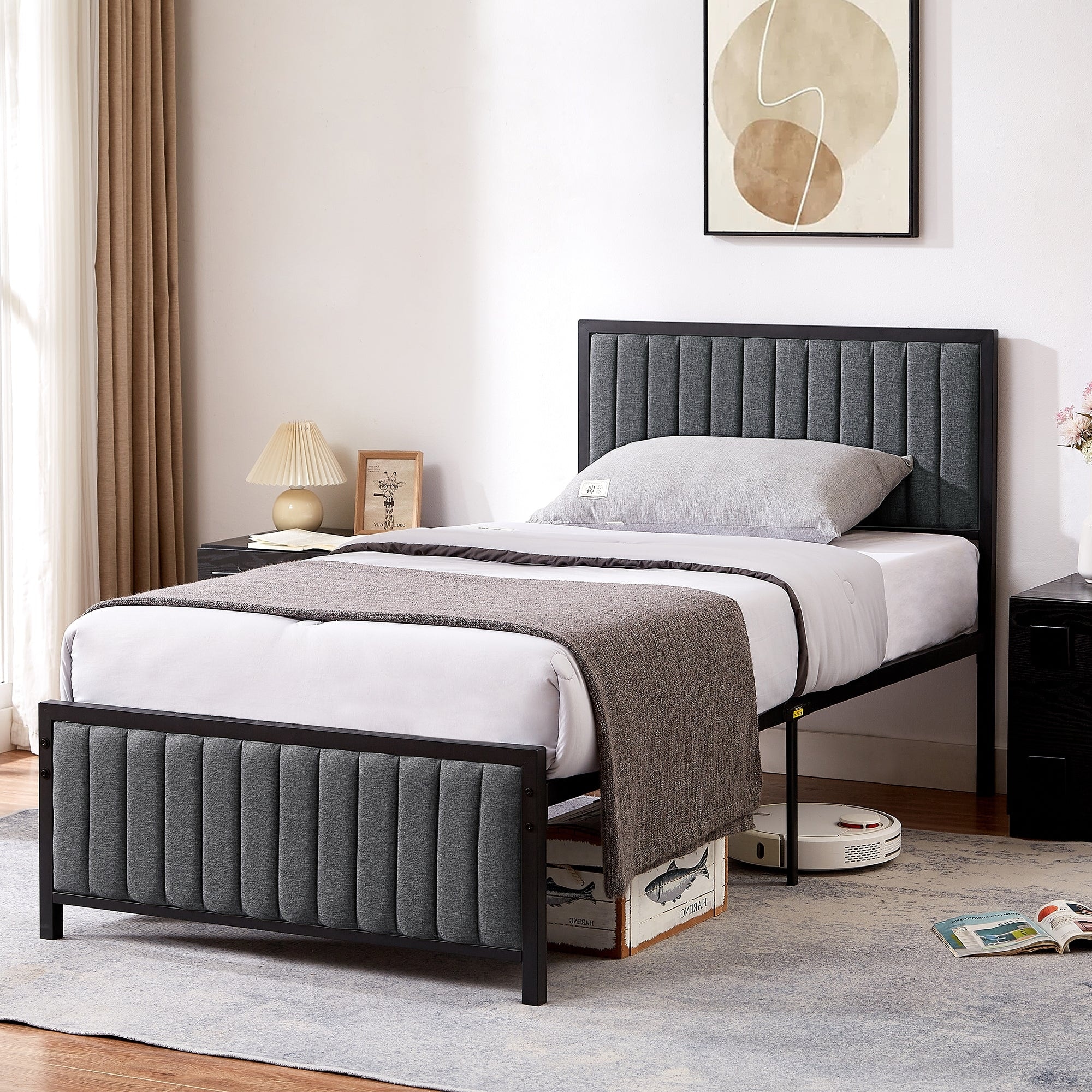 Durable Twin Bed Frame Set with Upholstered Tufted Headboard by Javlergo-image