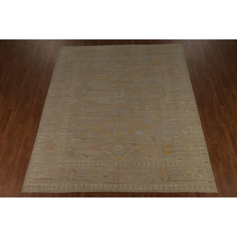 Vegetable Dye Oushak Turkish Rug Hand-Knotted Floral Wool Carpet - 8'5" x 9'10"