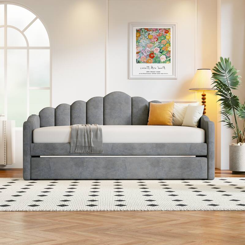 Twin size Upholstered Daybed with Trundle ,Velvet Sofabed with USB Charging Ports,No Box-spring Needed