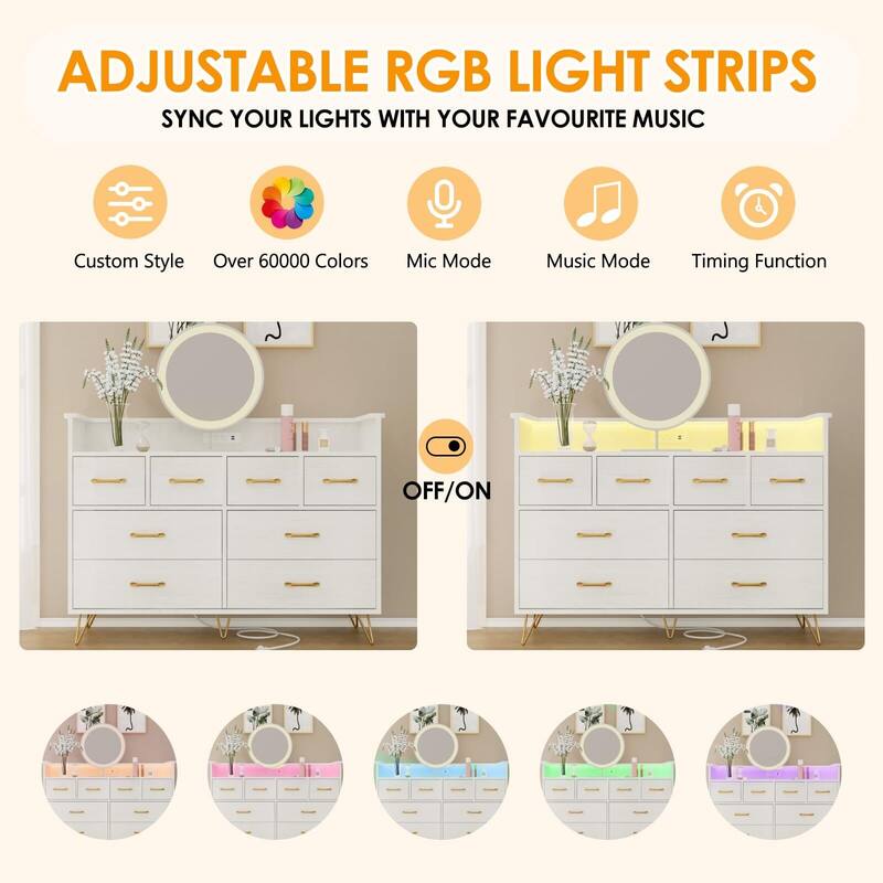 Tall Dresser for Bedroom with Charging Station & RGB Lights - 8 Drawer Wooden