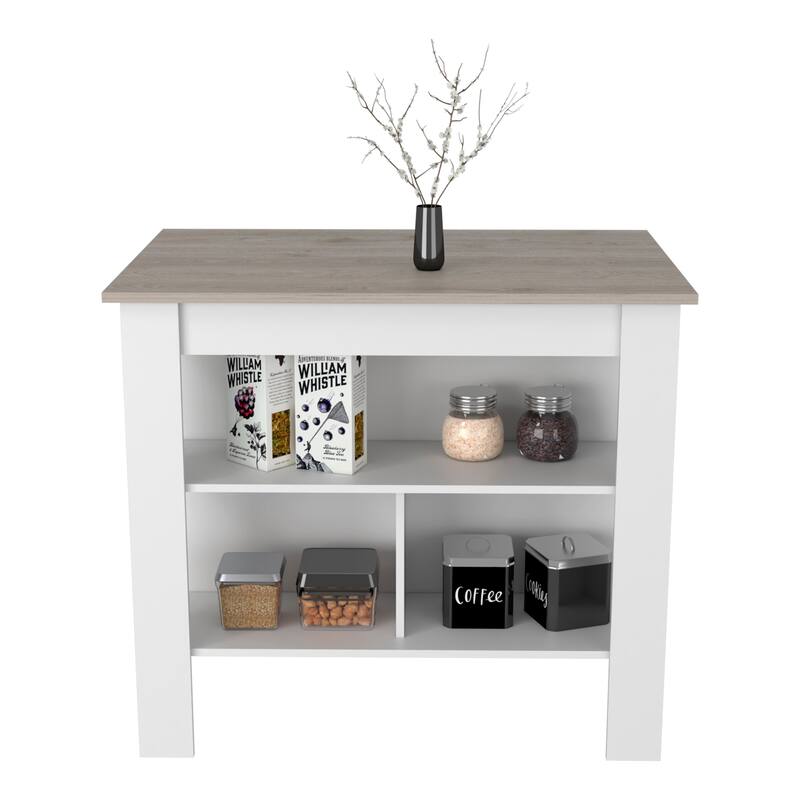 Kitchen Island with 3 Shelves, Wide Top Surface, Silver Nanoparticle Protection, 35" High, White / Light Gray