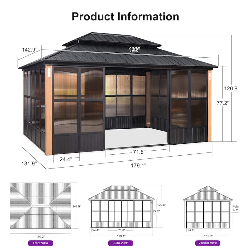 PURPLE LEAF Double Top Outdoor Sunroom Screen House Patio Hardtop Gazebo