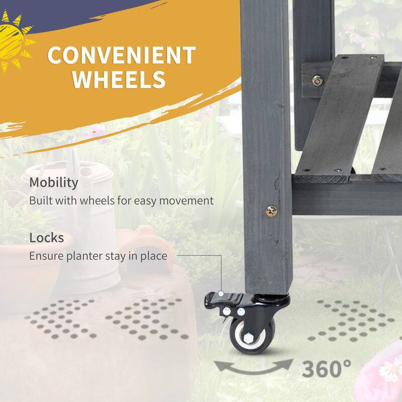 Outsunny 49'' x 21'' x 34'' Raised Garden Bed w/ 8 Grow Grids, Outdoor Wood Plant Stand w/ Storage Shelf and Lockable Wheels