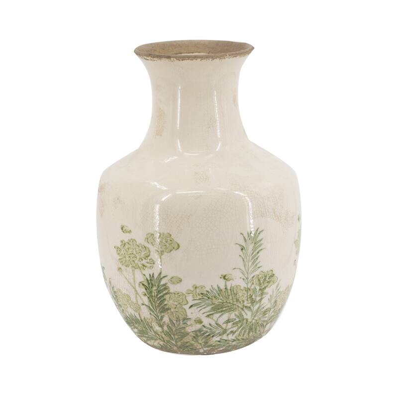 6.9x6.9x10" White Ceramic Vase With Green Floral Motif