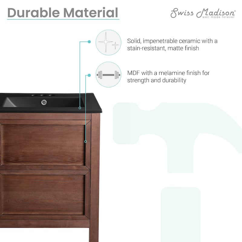 Nadar 24 In. Brown Walnut Bathroom Vanity With Black, 3-Hole Ceramic Sink Top
