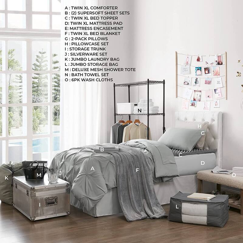 Porch & Den Hathaway Glacier Grey Pin Tuck Twin XL Dorm Room and Bedding Set