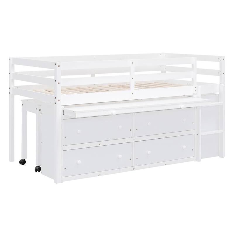 Twin Size Loft Bed with Retractable Writing Desk and 4 Drawers