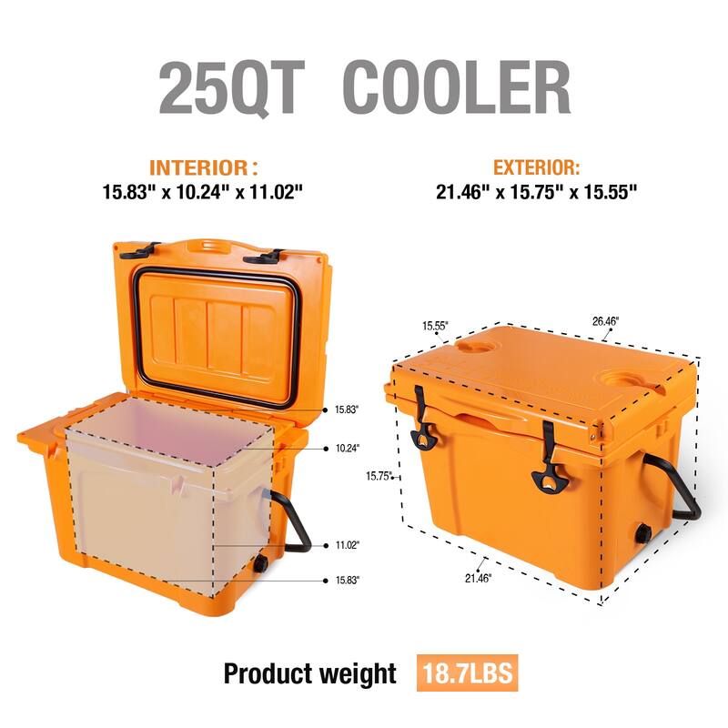 25QT Portable Cooler, Insulated Hard Cooler with Bottle Opener, Cup Holder, Forming Ruler, Travel, Beach, Camping, Fishing