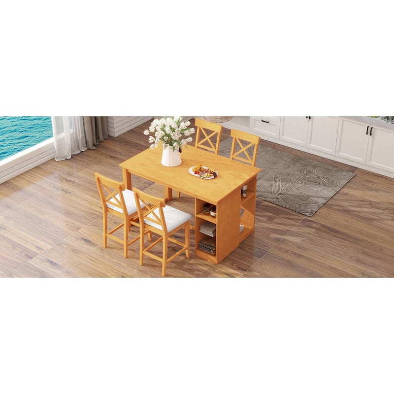 Roomfitters 5-Piece Counter Height Dining Table Set, 60" Farmhouse Kitchen Table with 3-Tier Shelves and 4 Chairs