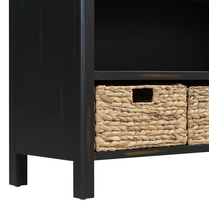 Console Table with 3 Storage Drawers, Entryway Table with 3 Water Hyacinth Woven Baskets, Sofa Table with Wooden Top