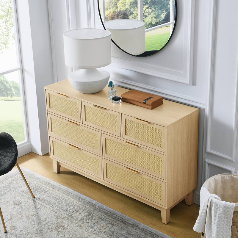 Modern Rattan Dressing Wooden Storage Cabinet with 7 Spacious Drawers, for Bedroom, Living Room and Hallway
