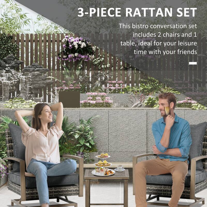 Outsunny 3-Piece Patio Bistro Set, PE Rattan Wicker Outdoor Furniture with Soft Cushions, 2 Rocking Chairs