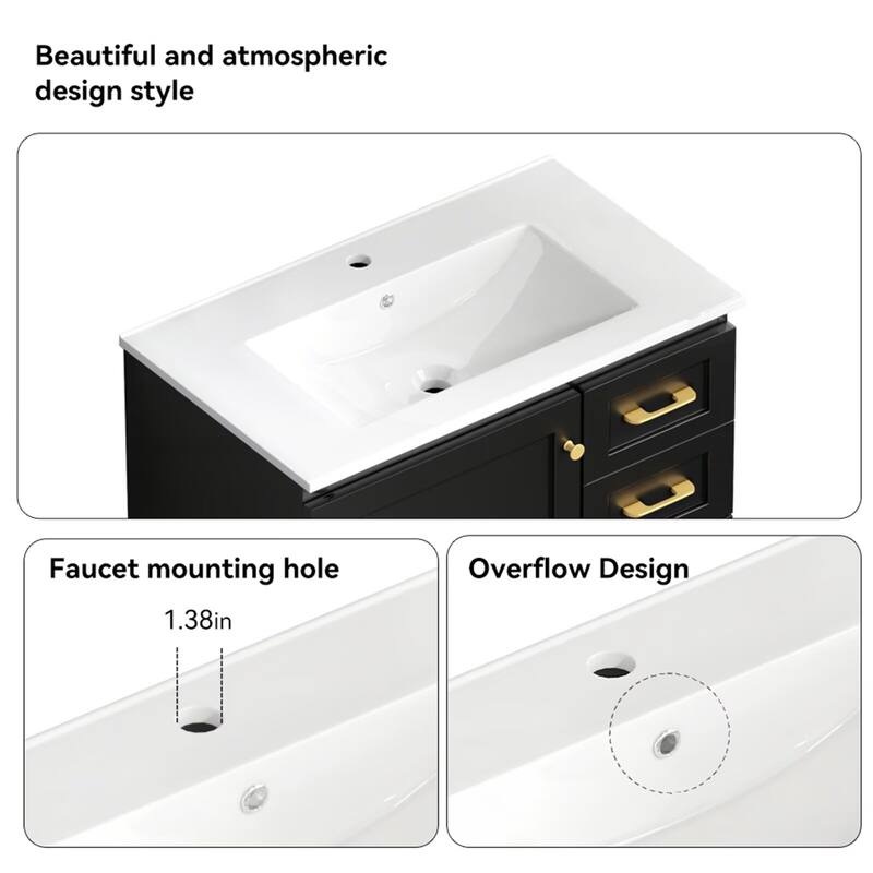 30" Bathroom Vanity Abundant Storage Cabinet -1 Soft Close Doors and 3 Drawer