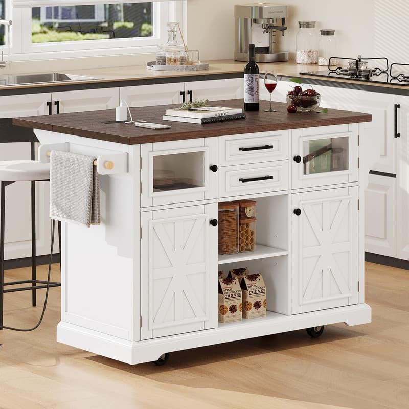 Kitchen Island with Drop Leaf, Power Outlet, 4 Door Shelves, Rolling Kitchen Island - White