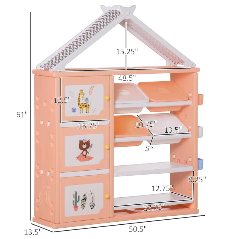 Qaba Toy, Clothing, and School Supplies Kids Storage Organizer Cabinet for Kids Bedroom Storage and More, Shelves with Bins
