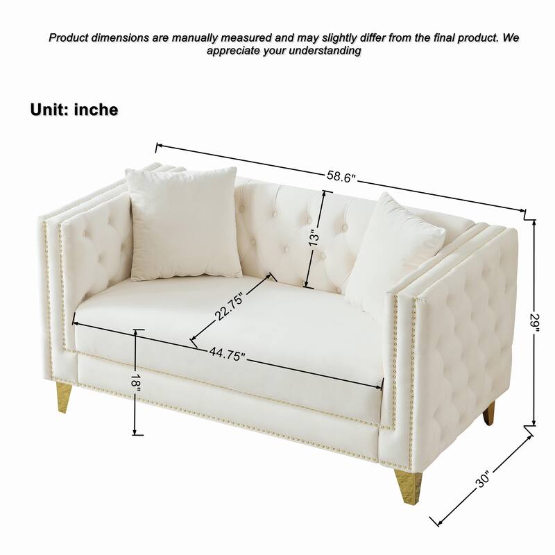 Luxury Velvet Sofa Couch Love Seat with Nailhead Trim, Square Armrest Loveseat Couch with Wood Frame