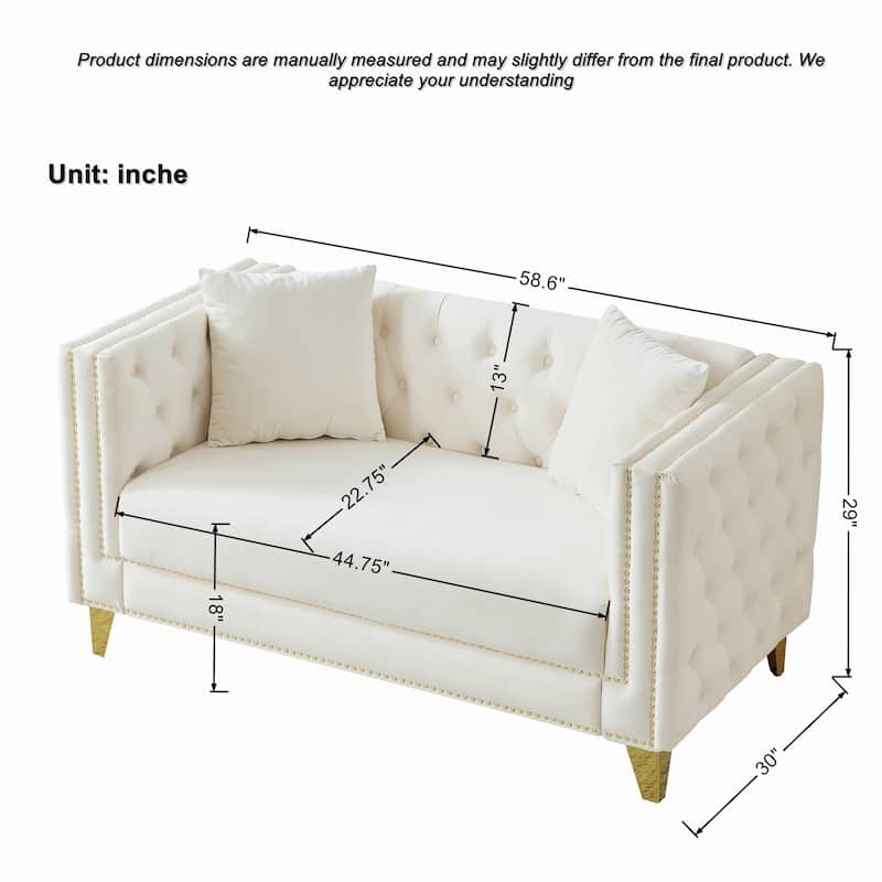 Velvet Upholstered Loveseat, Button Tufted 2 Seater Deep Seat Couche, Lounge Sofa with Nailhead Trims & Square Arms